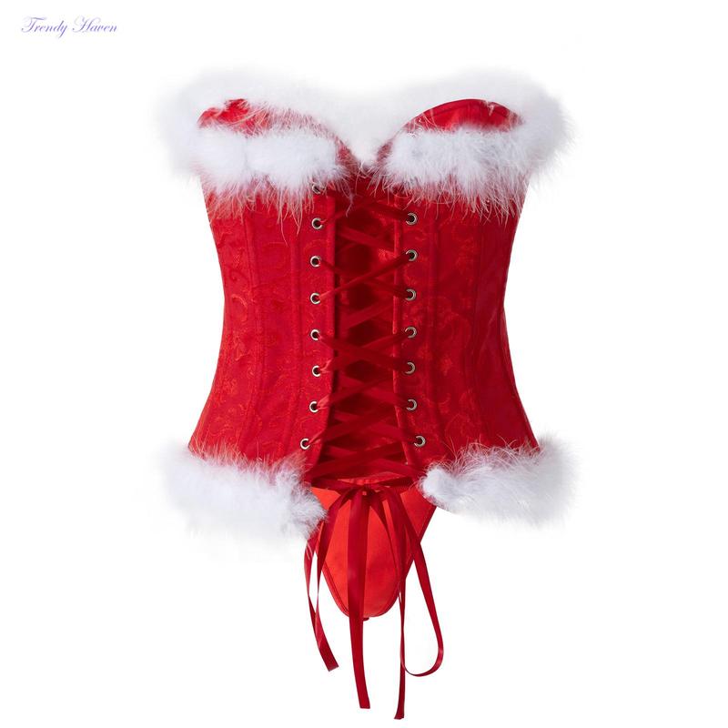 Christmas Ladies Corset Tops, Women Flower Printing Feathers Splicing Front Buckle Back Tie UpShapewear Cosplay Costume