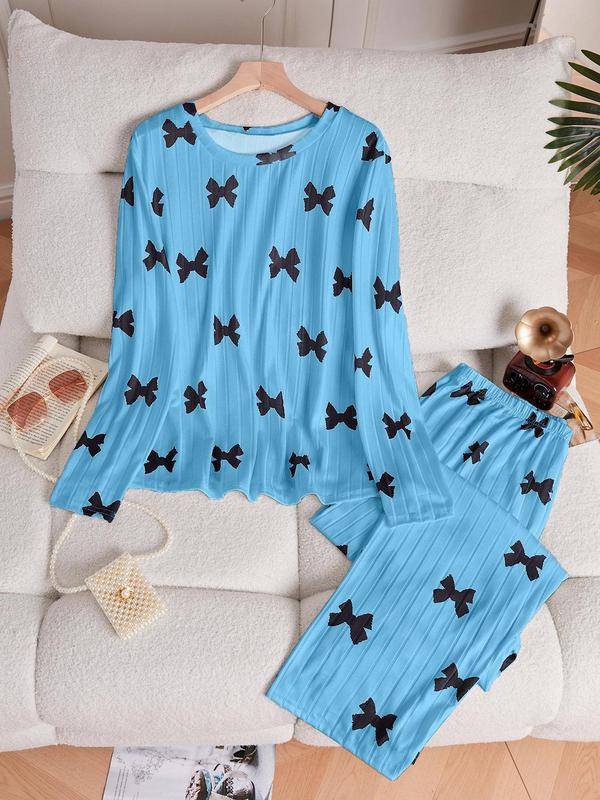  Women's All Over Bow Print Drop Shoulder Lounge Top & Pants Two-piece Set, Casual Comfy Long Sleeve Top & Trousers PJ Set, Ladies Sleepwear for Spring & Fall