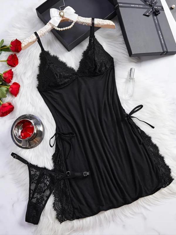 Women's Solid Color V Neck Contrast Lace Bow Decor Cami Nightdress & Panty Two-piece Set, Sexy Comfy Backless Split Hem Adjustable Spaghetti Strap Nightgown & Ring Linked Panty Set, Women's Sleepwear for All Seasons