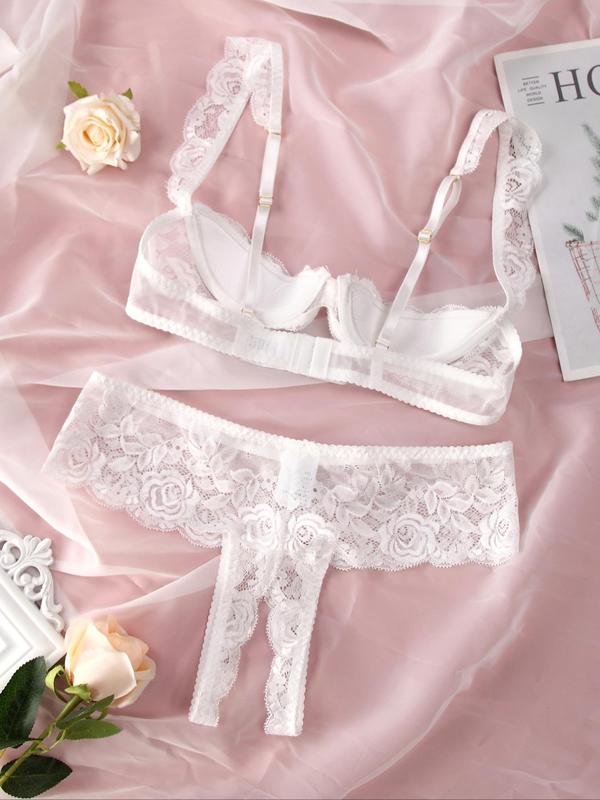 Women's Floral Lace Bra & Bow Decor Underwear Set, Sexy Comfy Breathable Lingerie Set for Daily Wear, Women's Underwear Set for All Seasons