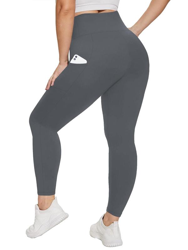 Plus Size Solid High Waist Pocket Leggings, Casual Wide Waistband Comfy Skinny Pants for Women, Women's Bottoms for Fall & Winter