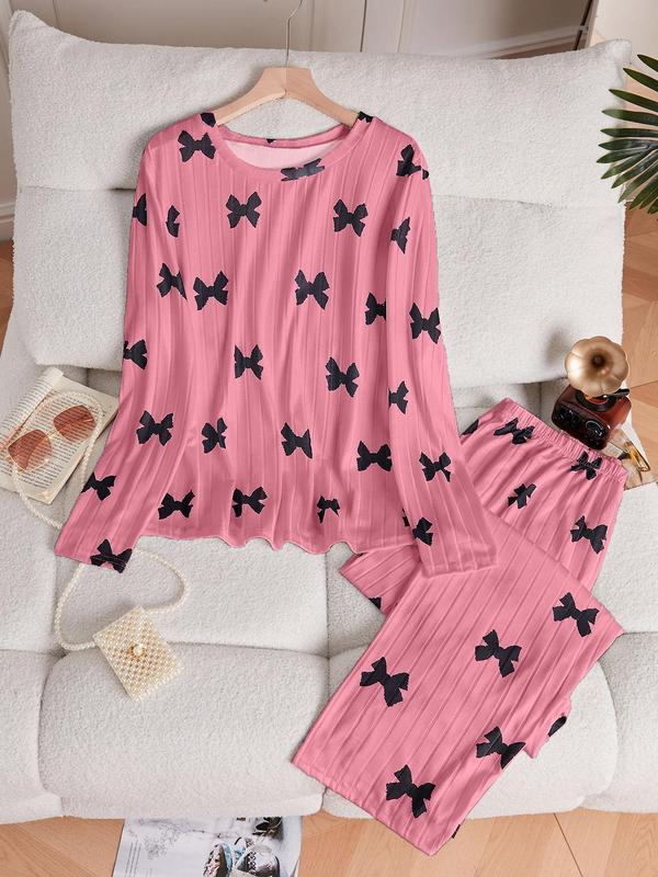  Women's All Over Bow Print Drop Shoulder Lounge Top & Pants Two-piece Set, Casual Comfy Long Sleeve Top & Trousers PJ Set, Ladies Sleepwear for Spring & Fall