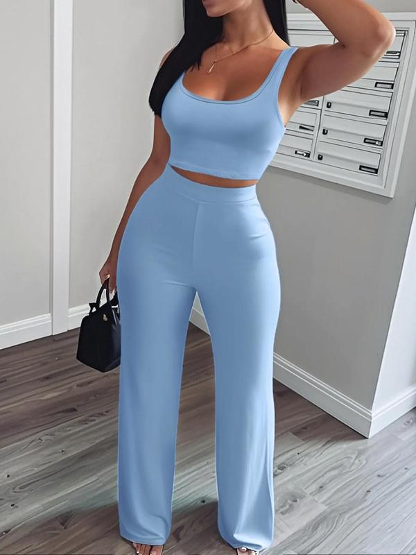 Women's Solid Scoop Neck Crop Tank Top & Elastic Waist Pants, Summer Clothes, Mufti Clothes, Workout Set, Sweatsuits for Women, Back To School Outfits, Apple Shape Outfits, Fall Outfits Clothes Set, Please Purchase A Size Up