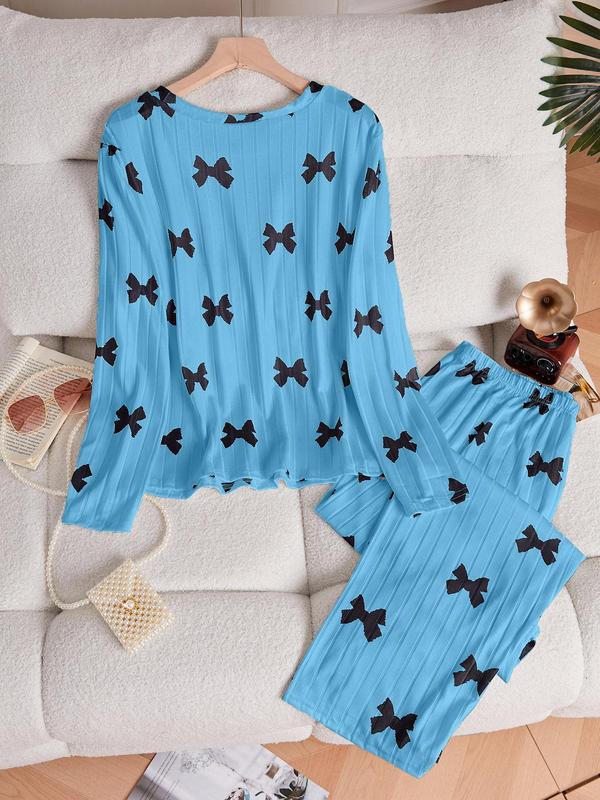  Women's All Over Bow Print Drop Shoulder Lounge Top & Pants Two-piece Set, Casual Comfy Long Sleeve Top & Trousers PJ Set, Ladies Sleepwear for Spring & Fall