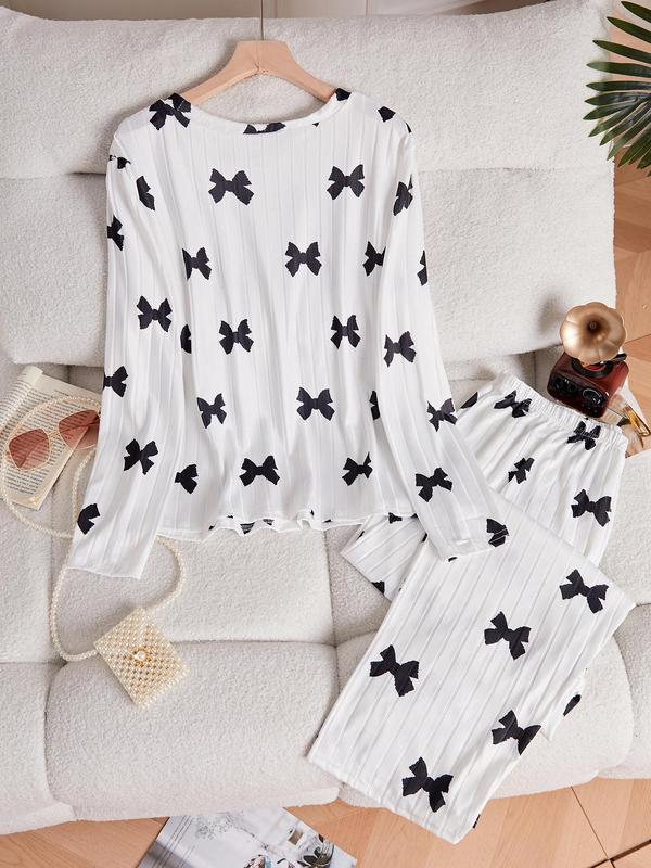  Women's All Over Bow Print Drop Shoulder Lounge Top & Pants Two-piece Set, Casual Comfy Long Sleeve Top & Trousers PJ Set, Ladies Sleepwear for Spring & Fall