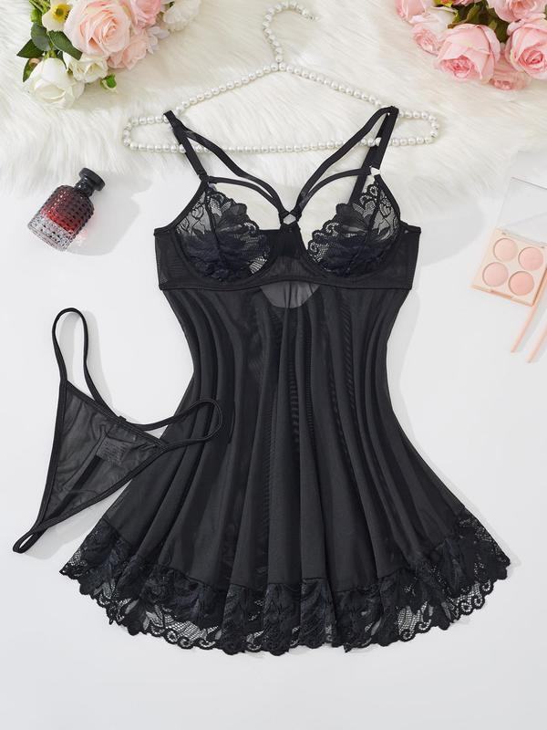 Women's Plain Contrast Lace Sheer Tulle Cami Nightdress & Thong Two-piece Set, Adjustable Spaghetti Strap Nightgown & Panty, Women's Sleepwear for All Seasons