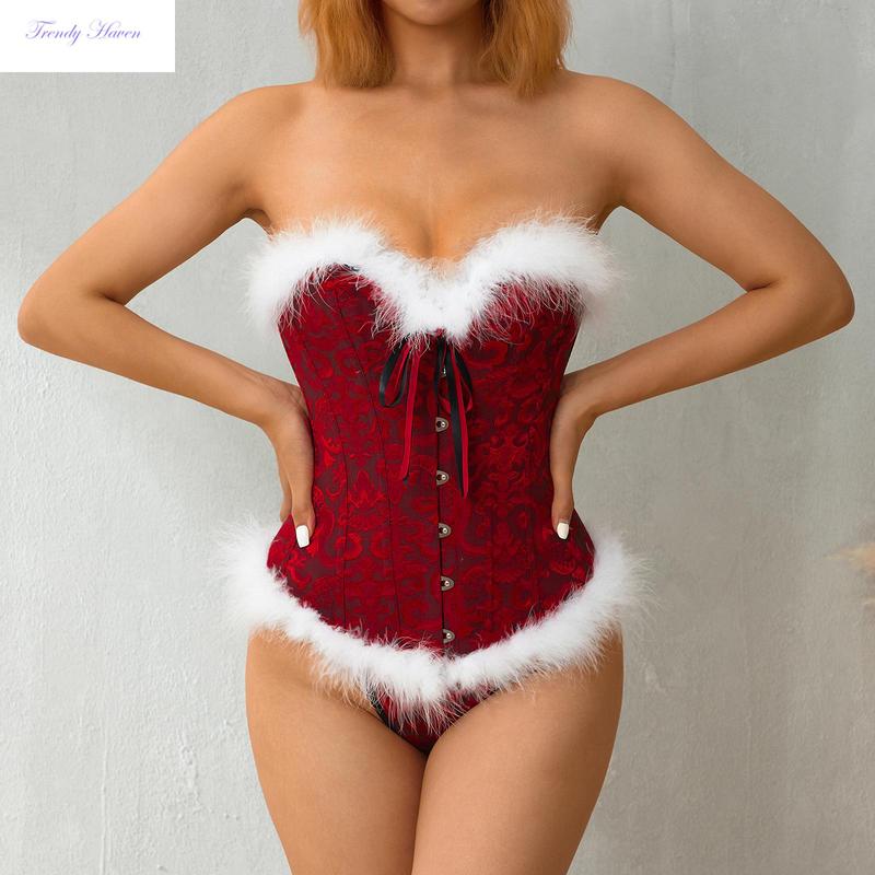 Christmas Ladies Corset Tops, Women Flower Printing Feathers Splicing Front Buckle Back Tie UpShapewear Cosplay Costume