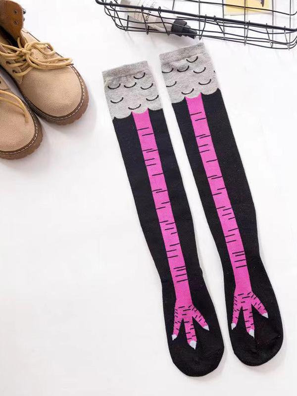 Women's 3 Pairs Cartoon Chicken Feet Print Over The Knee Socks, Cute Funny Comfy Breathable Socks for Daily Wear, Ladies Socks for All Seasons