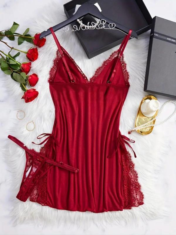 Women's Solid Color V Neck Contrast Lace Bow Decor Cami Nightdress & Panty Two-piece Set, Sexy Comfy Backless Split Hem Adjustable Spaghetti Strap Nightgown & Ring Linked Panty Set, Women's Sleepwear for All Seasons