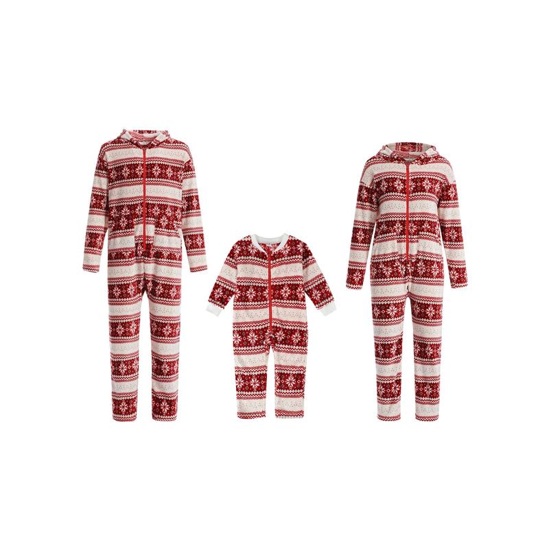 Christmas Family Romper Nightwear, Snowflake Print Long Sleeve O-neck Hooded Long Jumpsuit