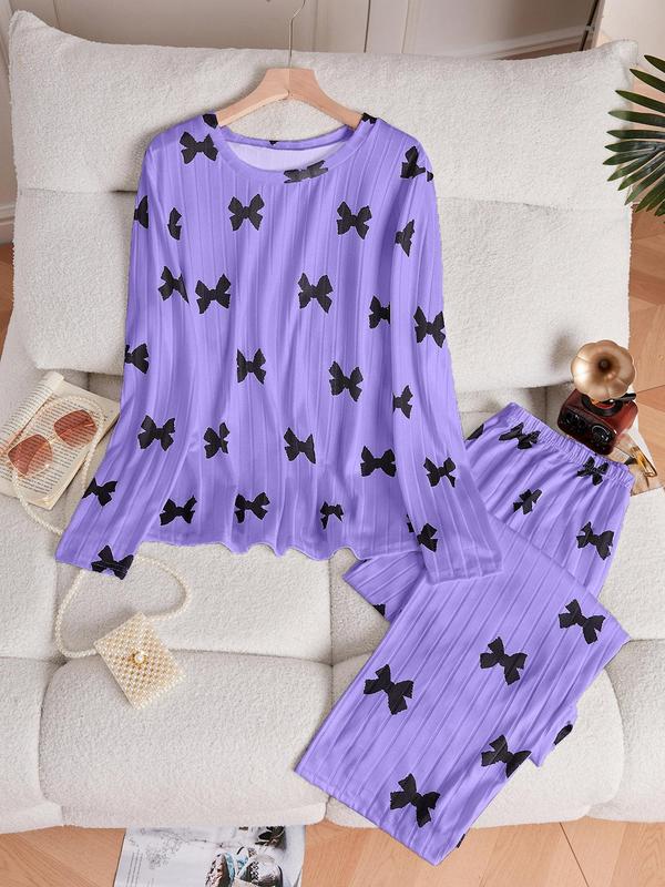  Women's All Over Bow Print Drop Shoulder Lounge Top & Pants Two-piece Set, Casual Comfy Long Sleeve Top & Trousers PJ Set, Ladies Sleepwear for Spring & Fall