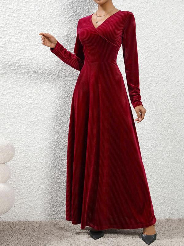 Women's Elegant Solid Wrap V Neck Velvet Dress, Long Sleeve A Line Dress for Party Evening Wedding Guest, Dresses for Women, Ladies Spring & Fall Clothes