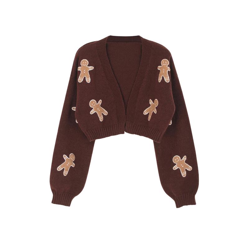 Women's Cartoon Print Drop Shoulder Cardigan, Gingerbread Sweater Women, Gingerbread Cardigan