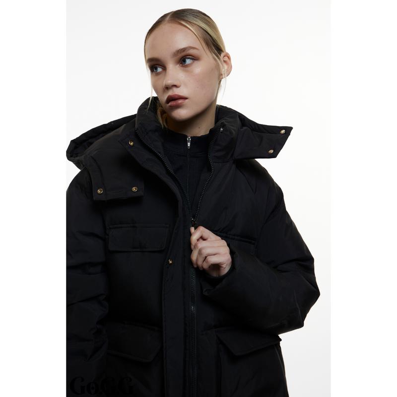 Go.G.G Mid Length Hooded Puffer Parka Womenswear Coats, Soft Button Front Full Zip with Big Pockets Women Jacket for Winter, Plain Color Long Sleeve Warm Outerwear