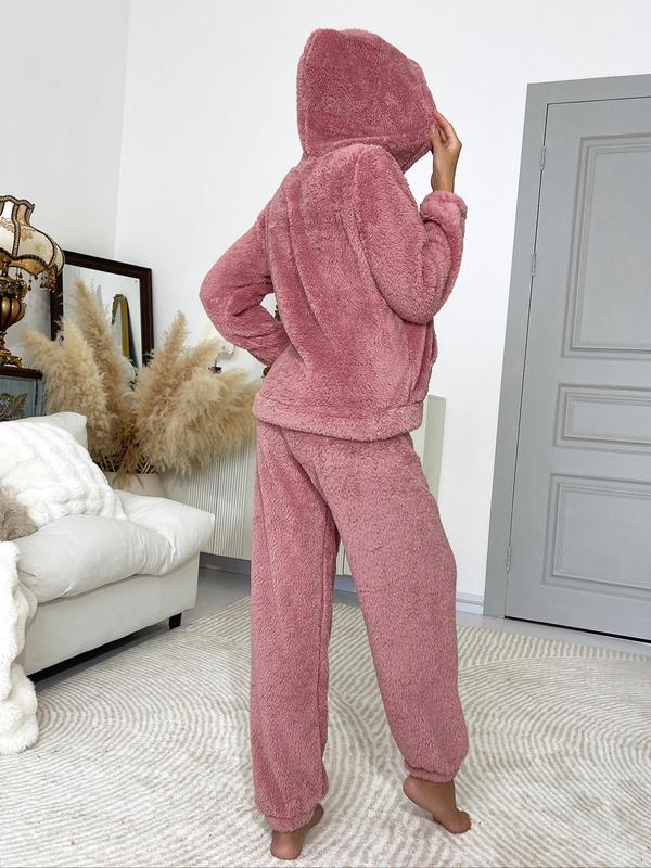 Women's Letter Embroidered Long Sleeve Plush Pajama Set, Casual Comfy Pocket Hooded Top & Pants Set, Women's Sleepwear for Fall & Winter