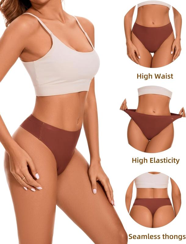 High Waisted Seamless Thongs for Women No Show Thong Breathable Panties Comfortable Underwear 6 Pack