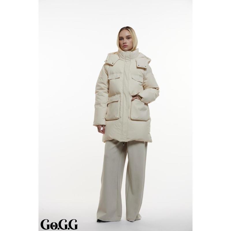 Go.G.G Mid Length Hooded Puffer Parka Womenswear Coats, Soft Button Front Full Zip with Big Pockets Women Jacket for Winter, Plain Color Long Sleeve Warm Outerwear