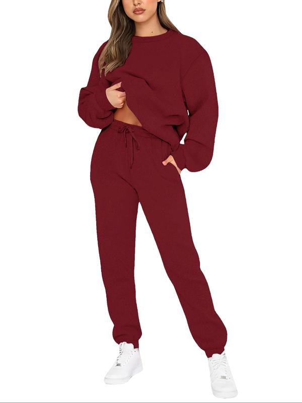 Two-piece Set Women's Solid Drop Shoulder Pullover & Drawstring Waist Pants Flannel Set, Casual Fashion Cozy Round Neck Long Sleeve Top & Elastic Waist Trousers for Daily Wear, Women's Two-piece Outfits for Fall & Winter