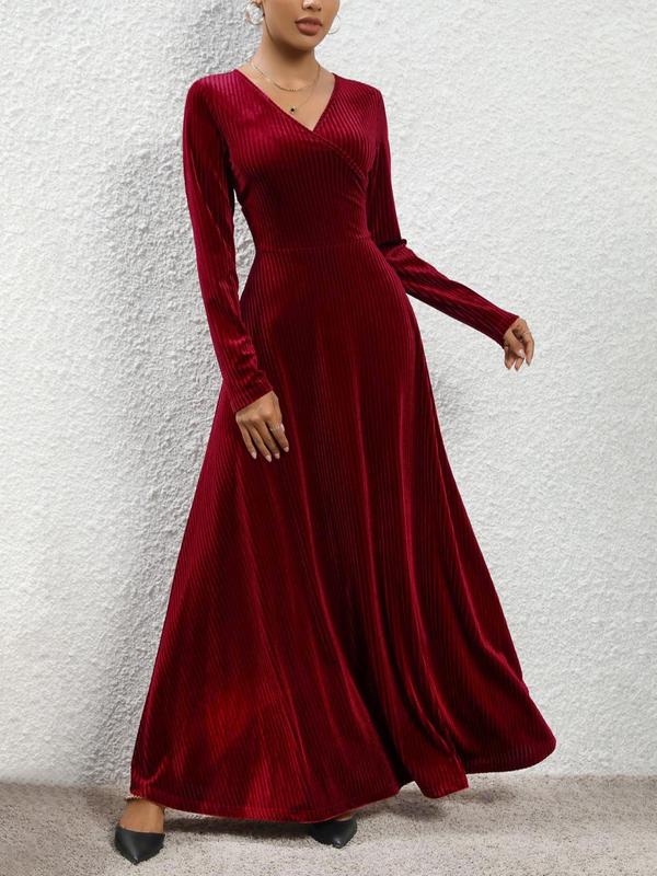 Women's Elegant Solid Wrap V Neck Velvet Dress, Long Sleeve A Line Dress for Party Evening Wedding Guest, Dresses for Women, Ladies Spring & Fall Clothes