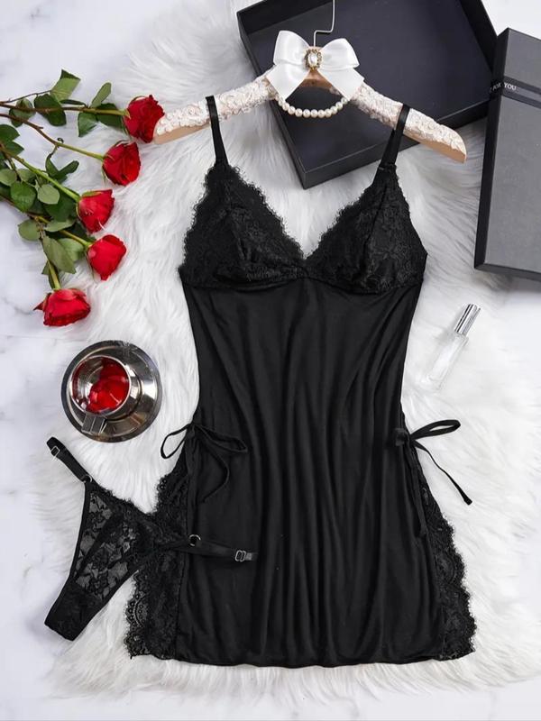 Women's Solid Color V Neck Contrast Lace Bow Decor Cami Nightdress & Panty Two-piece Set, Sexy Comfy Backless Split Hem Adjustable Spaghetti Strap Nightgown & Ring Linked Panty Set, Women's Sleepwear for All Seasons