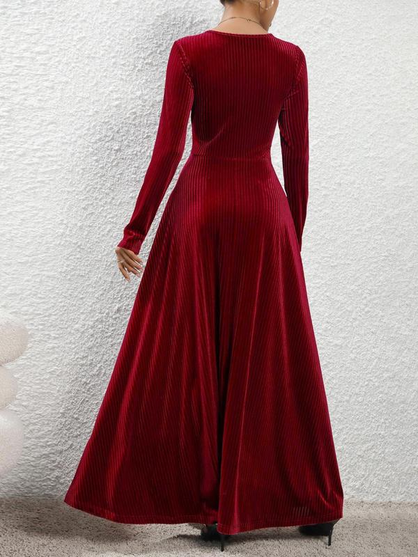 Women's Elegant Solid Wrap V Neck Velvet Dress, Long Sleeve A Line Dress for Party Evening Wedding Guest, Dresses for Women, Ladies Spring & Fall Clothes