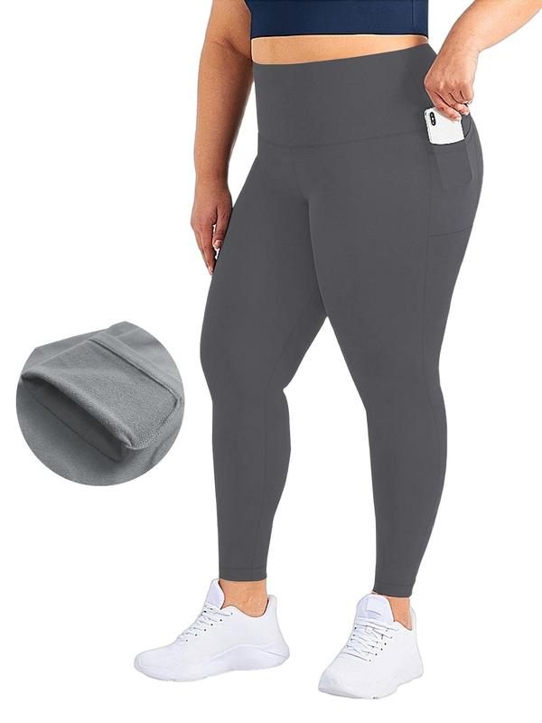 Plus Size Solid High Waist Pocket Leggings, Casual Wide Waistband Comfy Skinny Pants for Women, Women's Bottoms for Fall & Winter