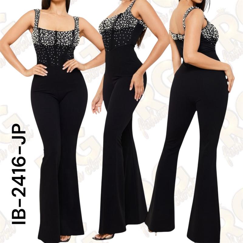 PEARL AND RHINESTONE ON WIRED BUST TOP JUMPSUIT