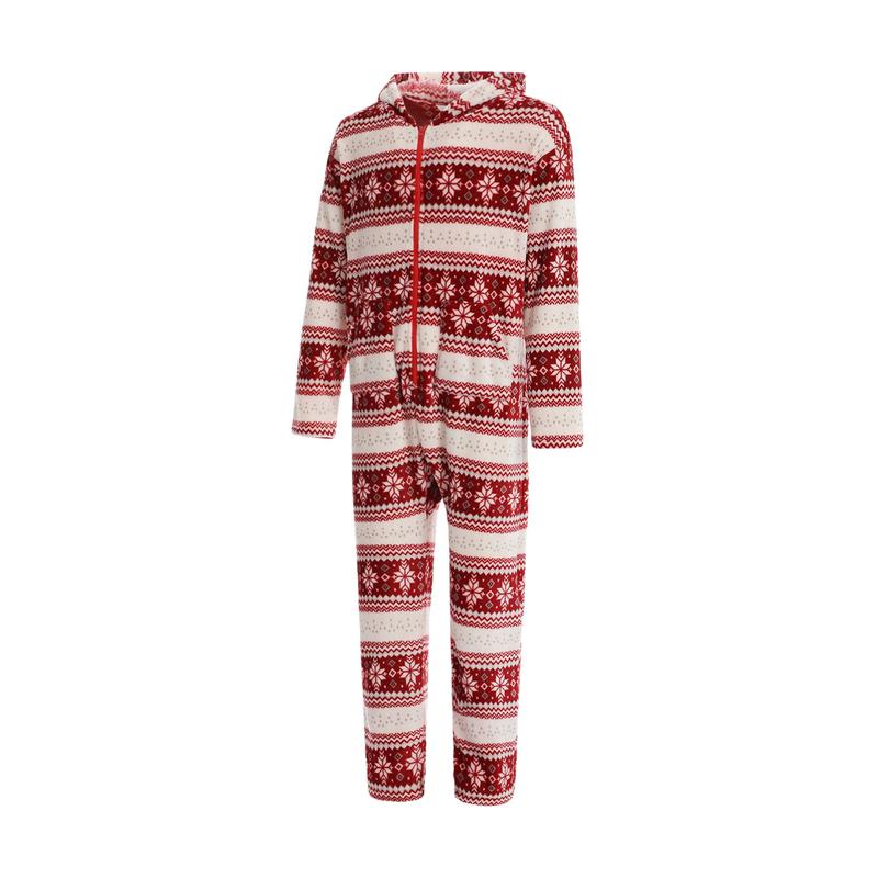 Christmas Family Romper Nightwear, Snowflake Print Long Sleeve O-neck Hooded Long Jumpsuit