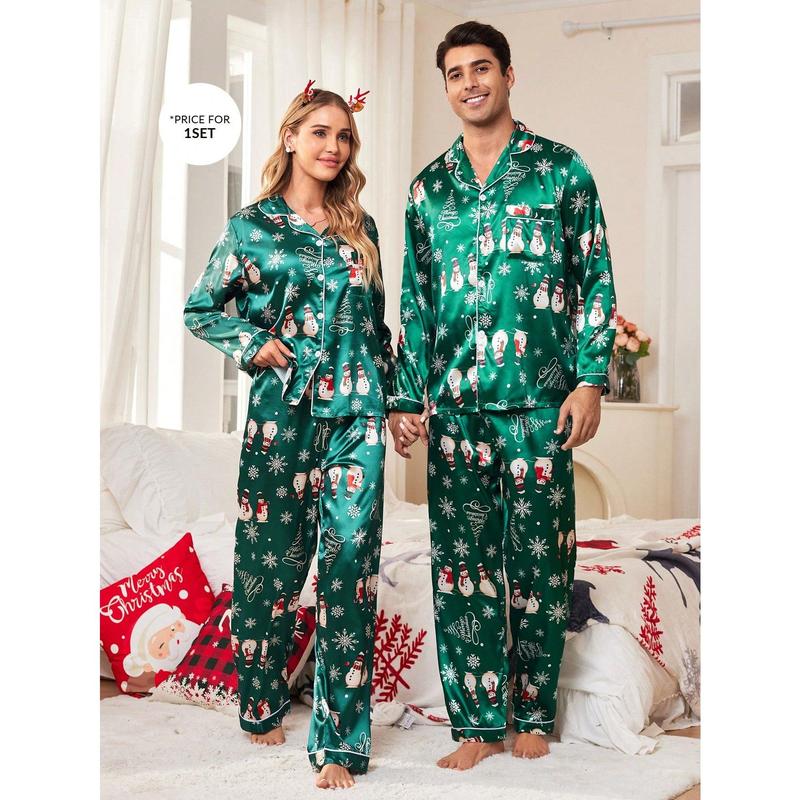 Manfinity Shein CoupledUp Christmas Elements Pattern Santa Snowman Faux Silk Men Pajamas Set Couple happy christmas matching christmas pajamas Wife family christmas pajamas Christmas Wife Long Sleeve Pants Long Sleeve Pants