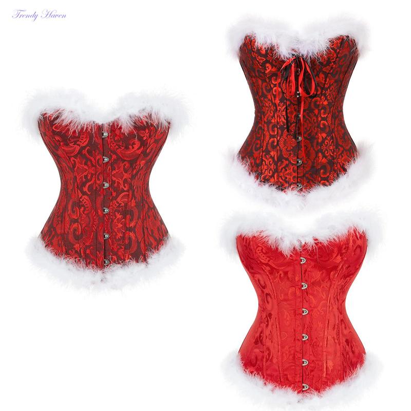 Christmas Ladies Corset Tops, Women Flower Printing Feathers Splicing Front Buckle Back Tie UpShapewear Cosplay Costume