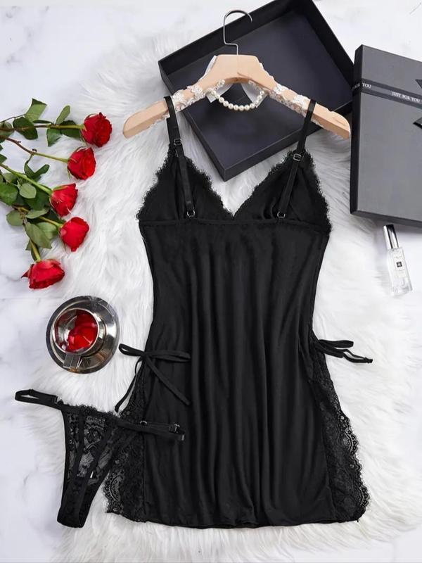 Women's Solid Color V Neck Contrast Lace Bow Decor Cami Nightdress & Panty Two-piece Set, Sexy Comfy Backless Split Hem Adjustable Spaghetti Strap Nightgown & Ring Linked Panty Set, Women's Sleepwear for All Seasons