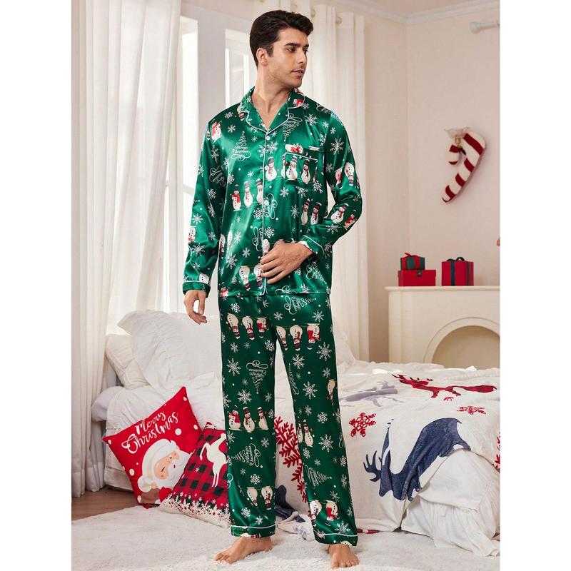 Manfinity Shein CoupledUp Christmas Elements Pattern Santa Snowman Faux Silk Men Pajamas Set Couple happy christmas matching christmas pajamas Wife family christmas pajamas Christmas Wife Long Sleeve Pants Long Sleeve Pants