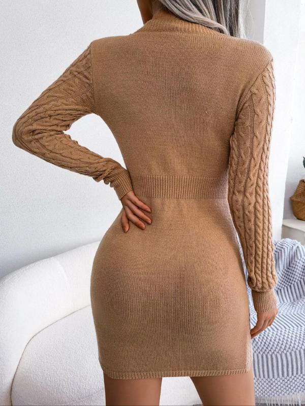 Women's Soild Textured Cut Out Round Neck Bodycon Sweater Dress, Casual Long Sleeve Crew Neck Short Dress for Fall & Winter, Women's Longsleeves Clothing for Daily Wear