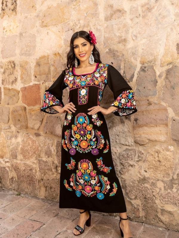 Mexican Embroidered Maxi Dress, Wedding Style, Traditional Mexican Dress, Artisanal Mexican Party Dress, Latina Style Dress, Women's Dress