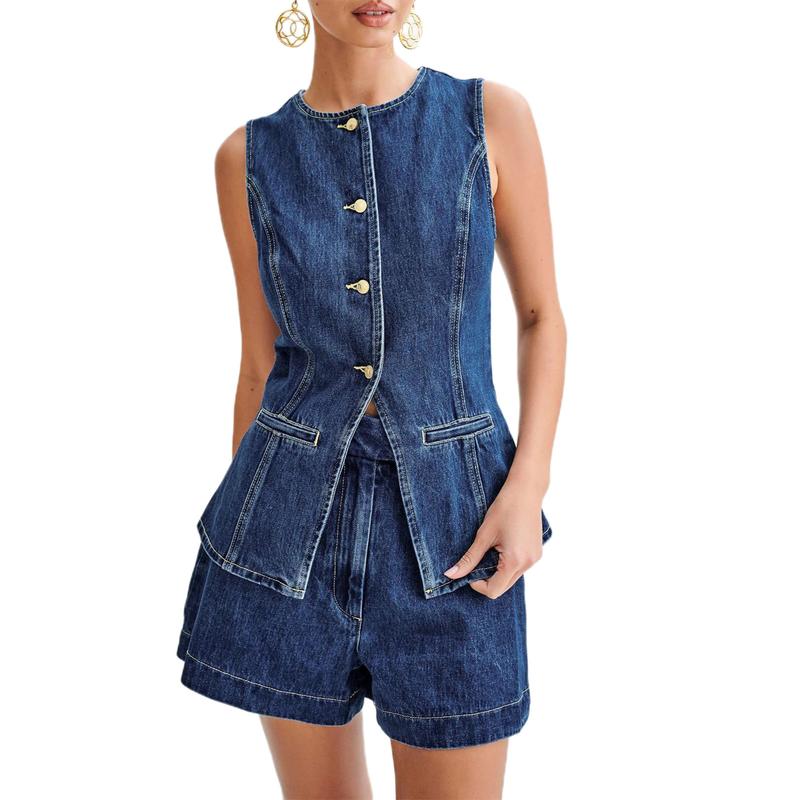 Women's Denim Long Vest Tops Button-up Back Slit Sleeveless Pocket Round Neck Waistcoat