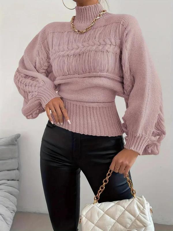 Women's Plain Ripped Lantern Sleeve Cable Knit Sweater, Casual Mock Neck Long Sleeve Jumper for Spring & Fall, Fashion Women's Knitwear for Daily Wear