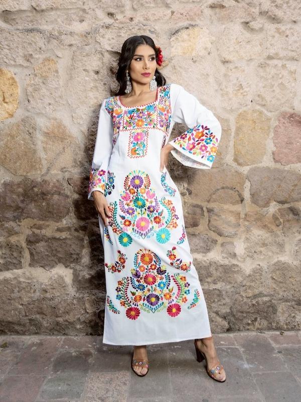 Mexican Embroidered Maxi Dress, Wedding Style, Traditional Mexican Dress, Artisanal Mexican Party Dress, Latina Style Dress, Women's Dress