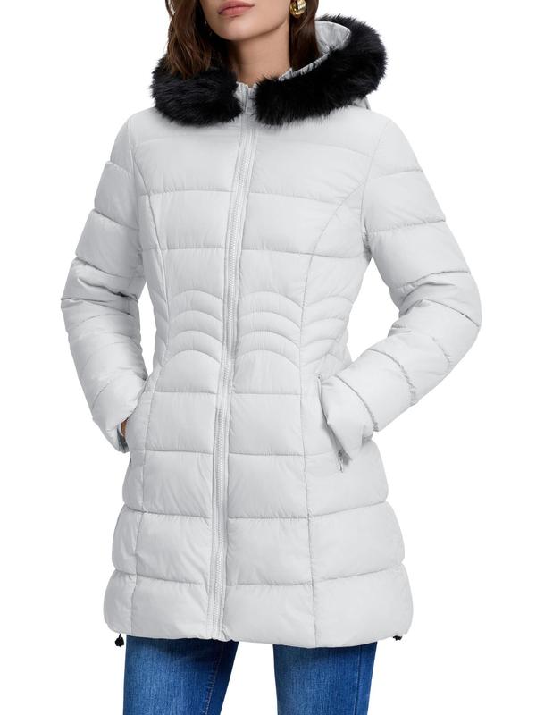 Women's Solid Color Contrast Faux Fur Hooded Quilted Jacket, Casual Long Sleeve Zip Up Outerwear for Fall & Winter, Ladies Clothes for Daily Wear