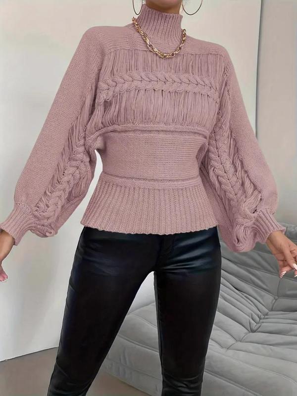 Women's Plain Ripped Lantern Sleeve Cable Knit Sweater, Casual Mock Neck Long Sleeve Jumper for Spring & Fall, Fashion Women's Knitwear for Daily Wear