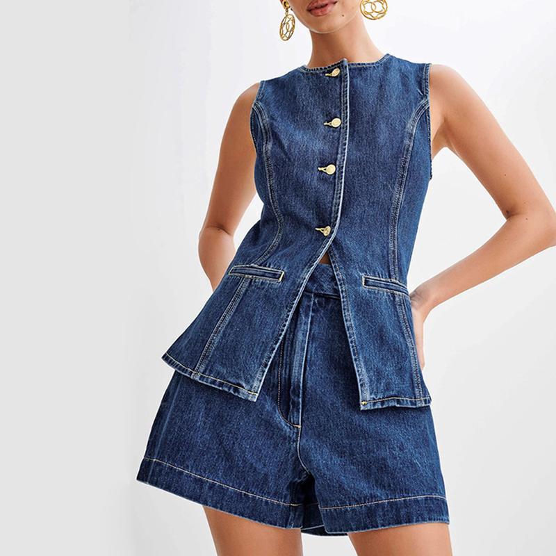 Women's Denim Long Vest Tops Button-up Back Slit Sleeveless Pocket Round Neck Waistcoat