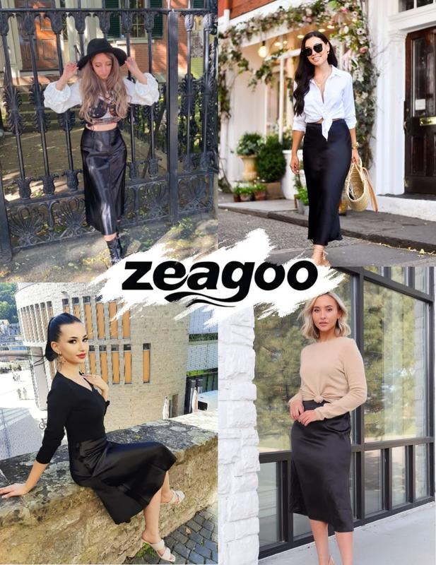 ZEAGOO Womens Satin Skirts Casual Silk Midi Skirt High Waisted Long Skirts Zipper Elegant Work Skirts parachute  maxi