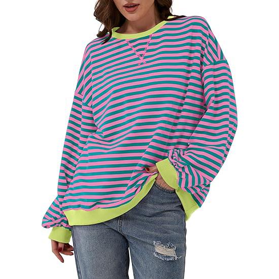 Women Striped Oversized Sweatshirt Color Block Crew Neck Long Sleeve Shirt Casual  Pullover Top Fall Y2K Clothes Cotton Crewneck free  people strie