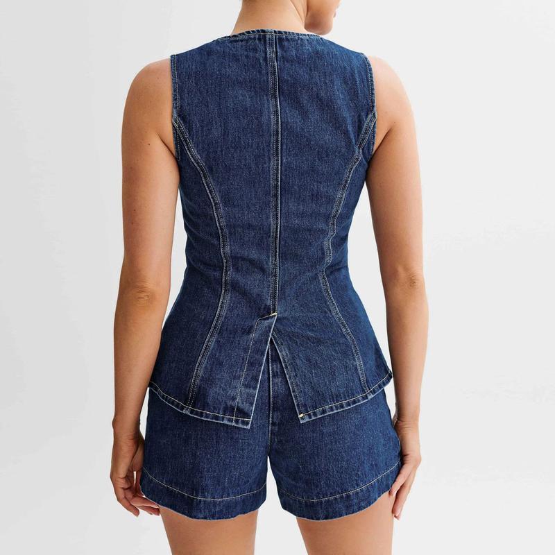 Women's Denim Long Vest Tops Button-up Back Slit Sleeveless Pocket Round Neck Waistcoat