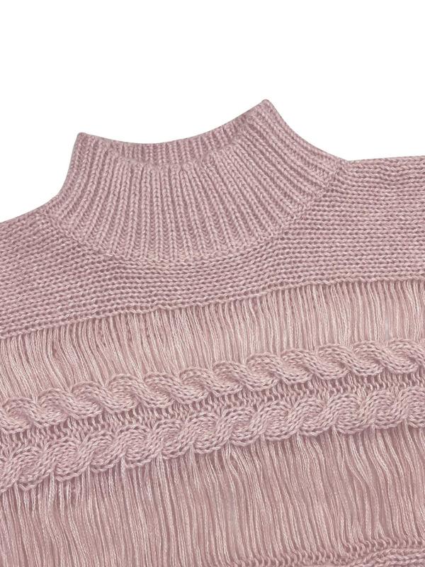 Women's Plain Ripped Lantern Sleeve Cable Knit Sweater, Casual Mock Neck Long Sleeve Jumper for Spring & Fall, Fashion Women's Knitwear for Daily Wear