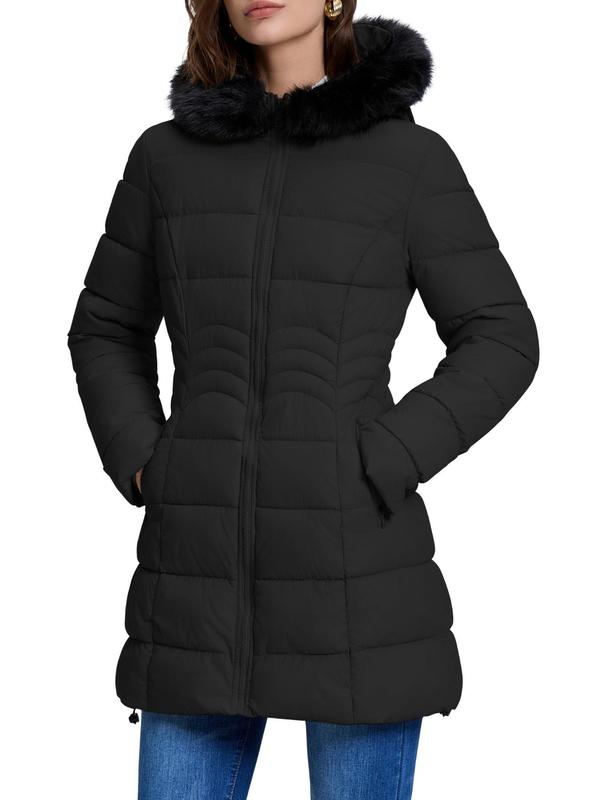 Women's Solid Color Contrast Faux Fur Hooded Quilted Jacket, Casual Long Sleeve Zip Up Outerwear for Fall & Winter, Ladies Clothes for Daily Wear