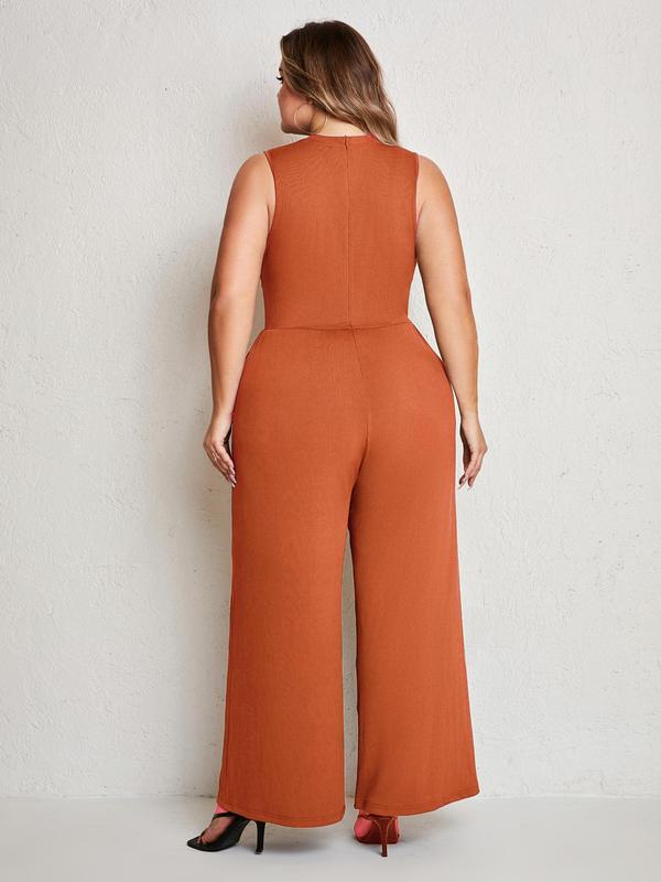 Plus Size Solid Pocket Wide Leg Tank Jumpsuit, Summer Clothes Women, Casual Sleeveless Round Neck Jumpsuit, Women's Plus Clothing for Daily Wear