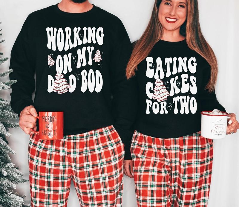 Eating Cakes for Two Sweatshirt, Matching Christmas Pregnancy Announcement Shirt for Couples Mom and Dad Baby Pregnant Holiday Maternity Sweatshirt