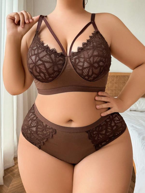 2pcs Set Plus Size Lace Splicing Wireless Bra And Panties Set