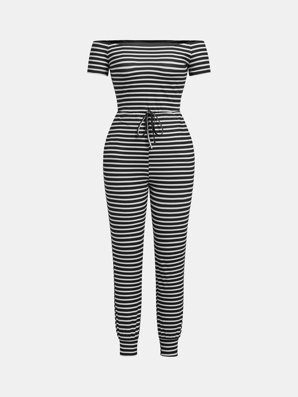 YOZY Women's Striped Print Off Shoulder Drawstring Jumpsuit, Casual Pocket Design Short Sleeve Jumpsuit for Daily Wear, Ladies Clothes for All Seasons