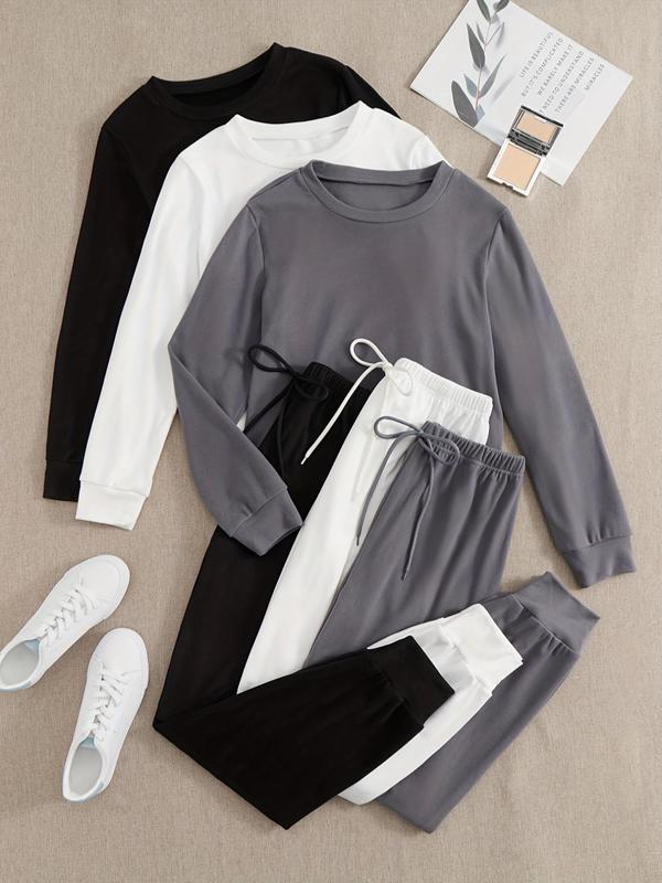 Women's Solid Color Long Sleeve Tee & Elastic Waist Pants Set, Casual Round Neck Top & Tie Front Trousers for Daily Wear, Pants Suit Sets for Women, Ladies Two-piece Outfits for All Seasons